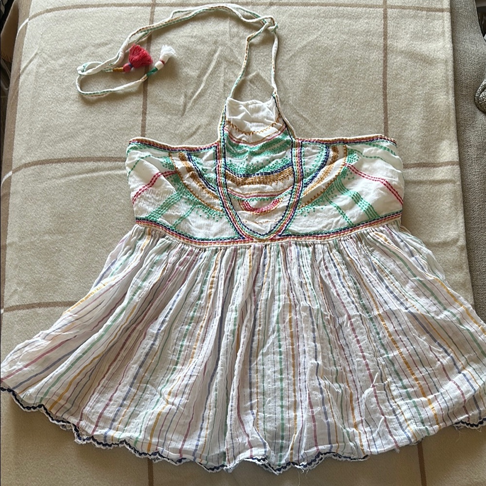 Women’s Colorful Striped Halter Top with embroidery and tassels
